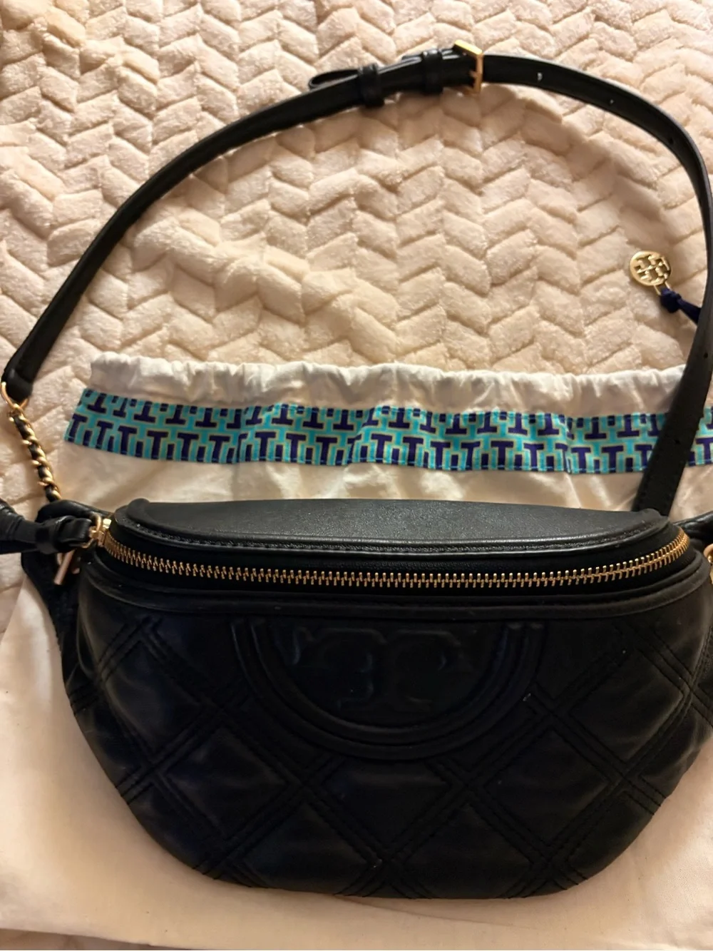 Tory Burch Black Quilted Leather Crossbody Belt Bag with Gold Hardware